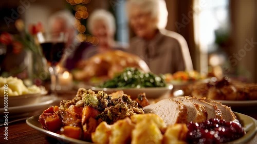 Close up of a plate of sliced turkey with cranberry sauce, roasted vegetables, and stuffing, enjoyed by senior women during a festive christmas dinner