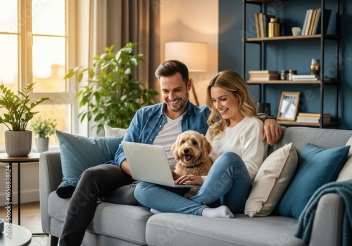 Wallpaper Mural Couple relaxing with a pet dog on a couch Torontodigital.ca