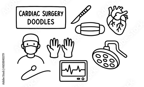 Cardiac surgery doodle set: tools, heart, and medical symbols in simple line art