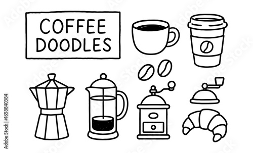 Charming coffee doodles: hand-drawn icons featuring cups, beans, and cafe essentials