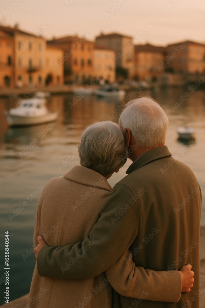 Fototapeta premium A loving elderly couple embraces by the waterfront, enjoying a serene sunset over a picturesque harbor, symbolizing companionship and tranquility.