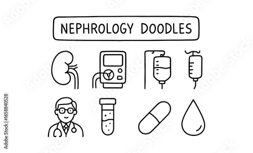 Nephrology doodles: kidney, dialysis, and medical line art collection