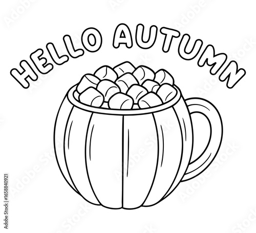 Hello Autumn coloring page with pumpkin mug filled with hot cocoa and marshmallows, cozy fall design.