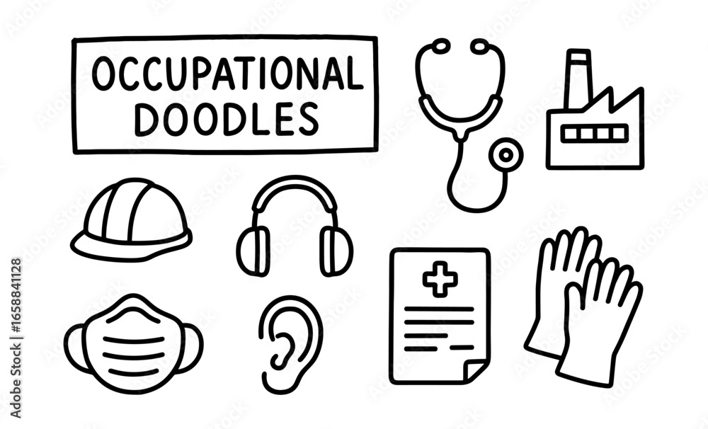 Fototapeta premium Occupational doodles: safety, health, and industrial symbols in hand-drawn style