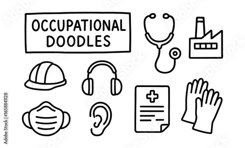 Occupational doodles: safety, health, and industrial symbols in hand-drawn style