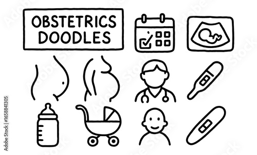 Doodle style obstetrics icons: pregnancy, ultrasound, and more
