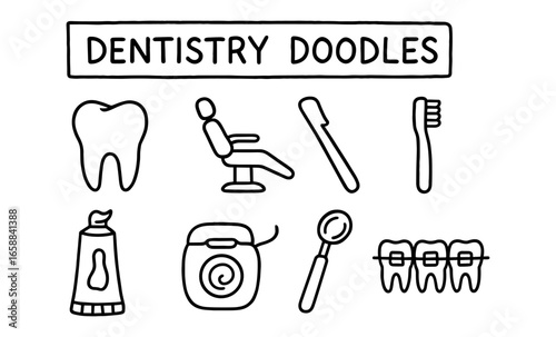 Hand-drawn dentistry icons: tooth, chair, brush, toothpaste, floss, mirror, braces