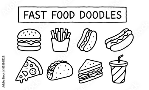 Hand drawn fast food doodles featuring classic snacks