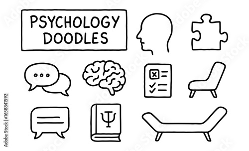 Psychology doodles collection featuring brain, therapy couch, and puzzle piece in hand-drawn style