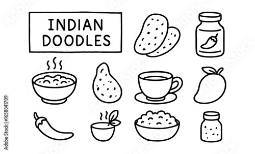 Indian cuisine doodles: traditional food icons and elements in simple line art