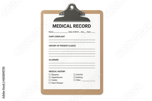 Medical record on clipboard showing patient history and information on transparent background