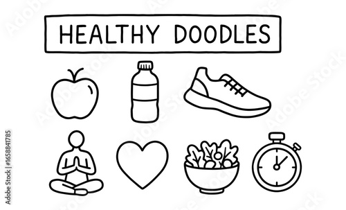 Healthy living icons: apple, water bottle, yoga, salad, stopwatch, fitness shoe