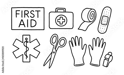 First aid kit essentials: medical tools and supplies in simple line art