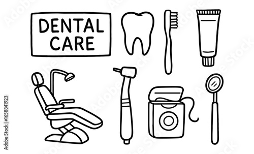 Hand-drawn dental care set with tools and tooth icons