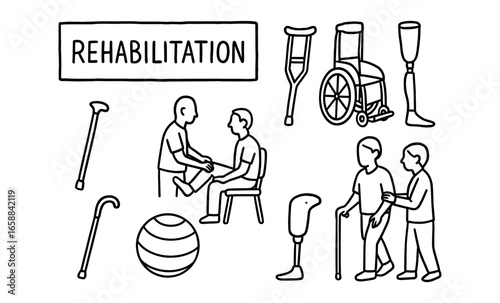 Rehabilitation tools and activities for physiotherapy and mobility support in linear style
