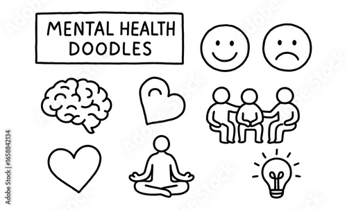 Mental health doodles: mindfulness, emotions, and wellness symbols in hand-drawn style