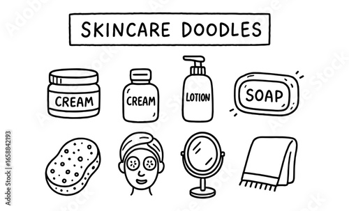 Skincare doodle set: cream, lotion, soap, and more in hand-drawn style