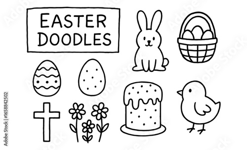 Easter doodles: cute outline designs featuring bunny, eggs, and spring symbols
