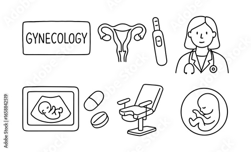 Gynecology line art: pregnancy care and medical elements