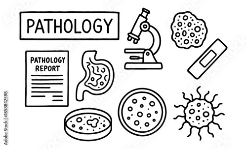 Pathology icons: microscopes, organs, cells, and reports in hand-drawn style