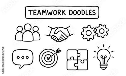 Hand-drawn teamwork elements with doodles and icons for collaborative concepts