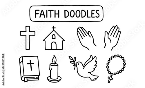 Faith inspired doodle icons: cross, church, candle, rosary, peace dove, prayer hands