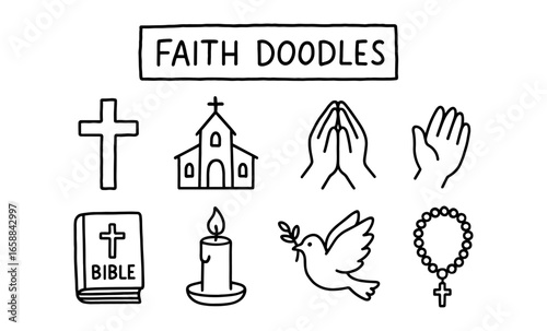 Hand-drawn faith symbols collection featuring church, dove, and rosary
