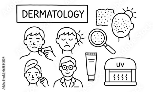 Dermatology essentials: skincare and acne treatment icons in linear style