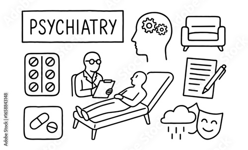 Mental health therapy session sketch featuring iconic psychiatry elements