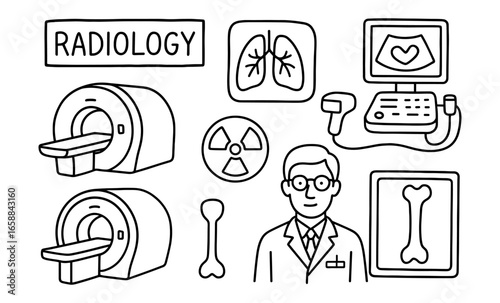 Radiology doodle set featuring mri scanners, x-ray symbols, and medical professionals