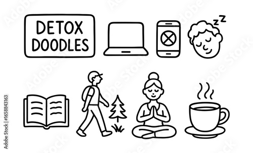 Digital detox doodles: relaxation and mindfulness icons for modern life