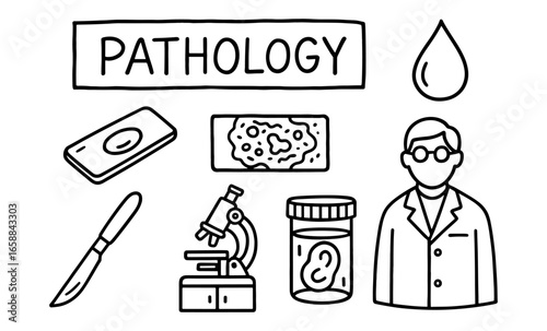 Medical pathology symbols set in black outline style