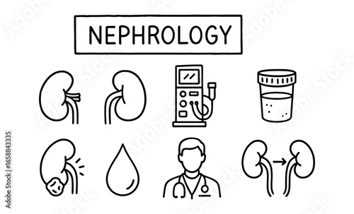 Nephrology medical icons set featuring kidneys and dialysis machine in linear style