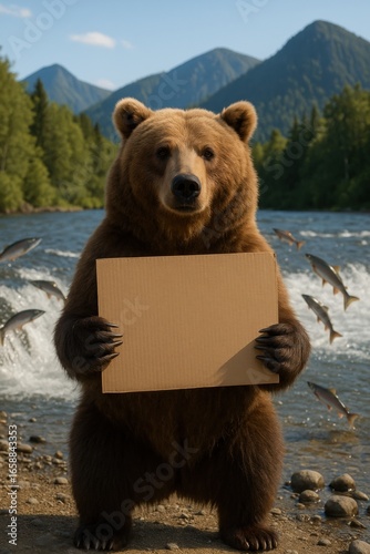 A playful brown bear standing by a river, holding a blank sign, surrounded by leaping fish and scenic mountains in the background.
