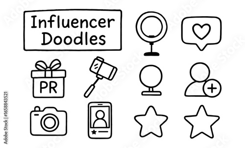 Influencer themed doodle icons: social media elements