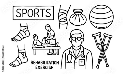 Sports rehabilitation elements: therapy equipment and exercise silhouette set