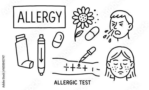 Allergy doodle: common triggers and symptoms in simple outline style