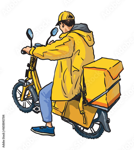 Delivery food man,  pizza, fast food, one person on motorcycle riding with big groceries box, hand drawn realistic vector illustration isolated on white