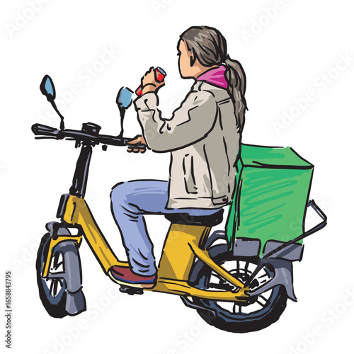 Delivery food man, pizza, fast food, one person on motorcycle riding with groceries box, hand drawn realistic vector illustration isolated on white