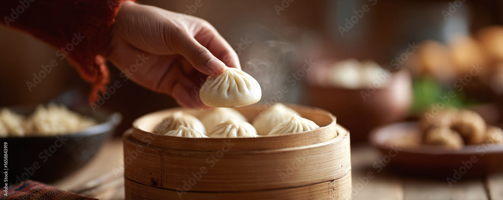 Obraz premium Steaming dumplings in a bamboo steamer, hand picking one. Authentic Asian cuisine shot. Use for food blogs, restaurant menus, or cooking tutorials. Warm, inviting.