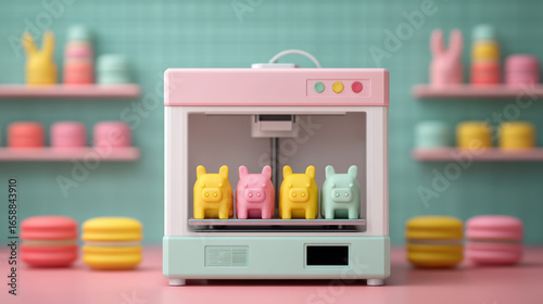 Wallpaper Mural A pastel-colored 3D printer displays cute animal figurines while macarons and playful shapes adorn the background, creating a whimsical, creative atmosphere. Torontodigital.ca