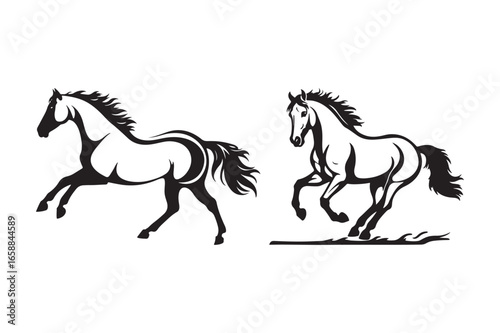 Two stylized horses in motion black and white illustration