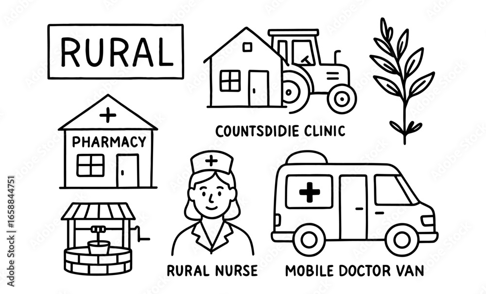 Naklejka premium Healthcare and agriculture in rural communities: hand-drawn medical and farming elements