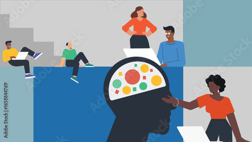 Diverse Team Collaborating Around a Creative Mind Silhouette