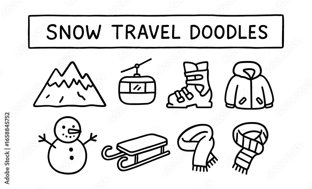 Fototapeta premium Hand-drawn winter travel icons featuring snow sports gear and scenic elements