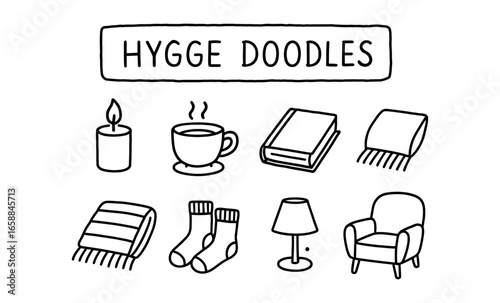 Cozy hygge doodle set with warm elements and simple sketches