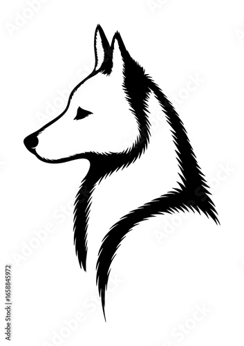 Vector silhouette of a dog head in profile, husky or laika style, strong and wild design for logos, tattoos, and illustrations.