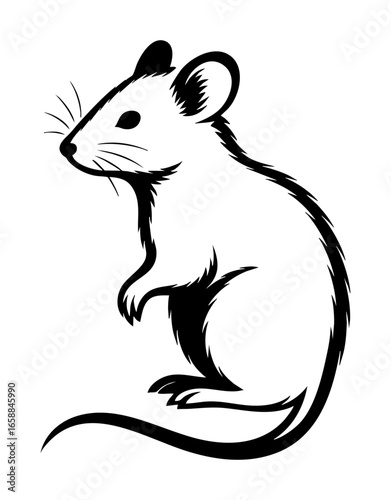Stylized black silhouette of a rat in profile, tribal ink drawing with sharp lines and curled tail, isolated on transparent background.