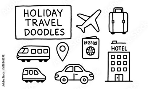 Hand-drawn travel doodles: holiday, airplane, luggage, and more