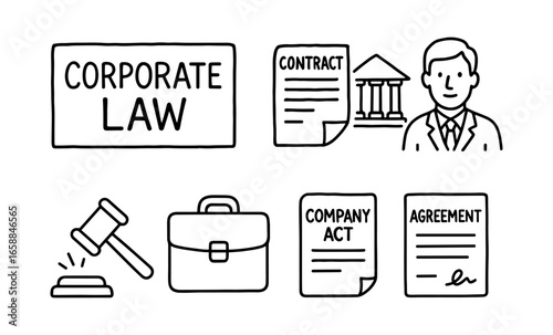 Corporate law icons: contracts, agreements, and business essentials
